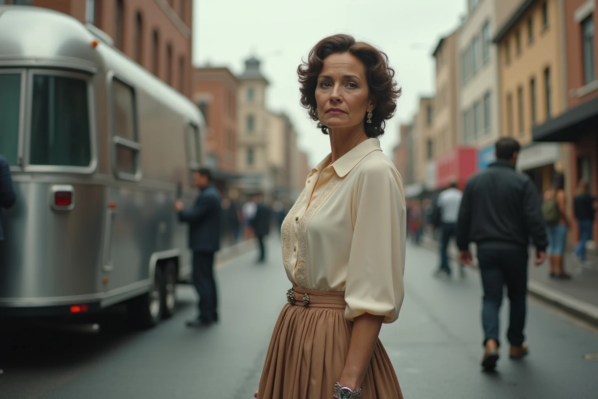 Actrice vintage sur un plateau de film en extérieur