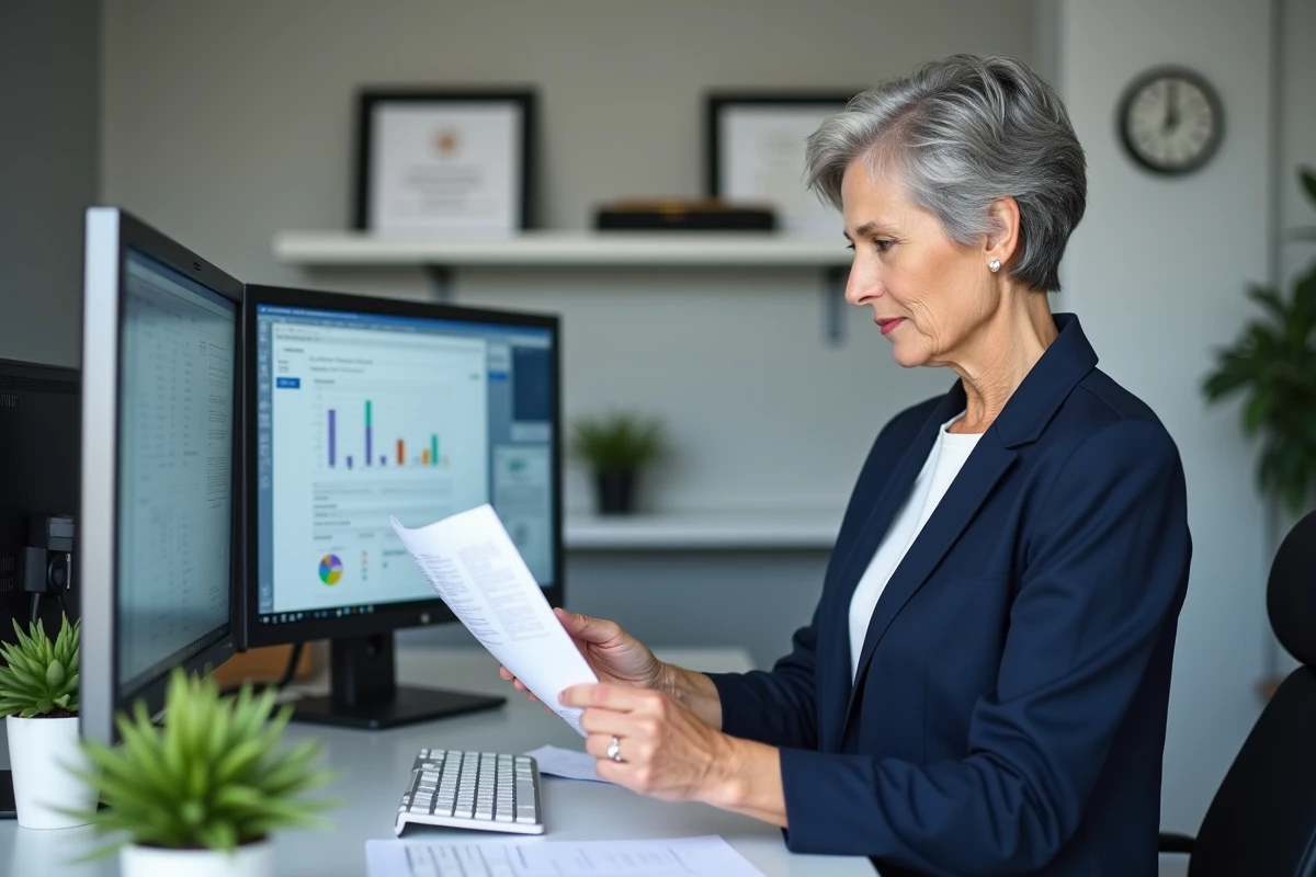 Administratrice de soins consultant le tableau de bord NETSoins pour sécuriser le suivi des résidents