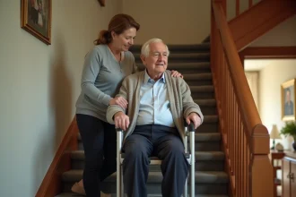 Aidante accompagnant un senior sur un monte-escalier portable dans une maison traditionnelle française