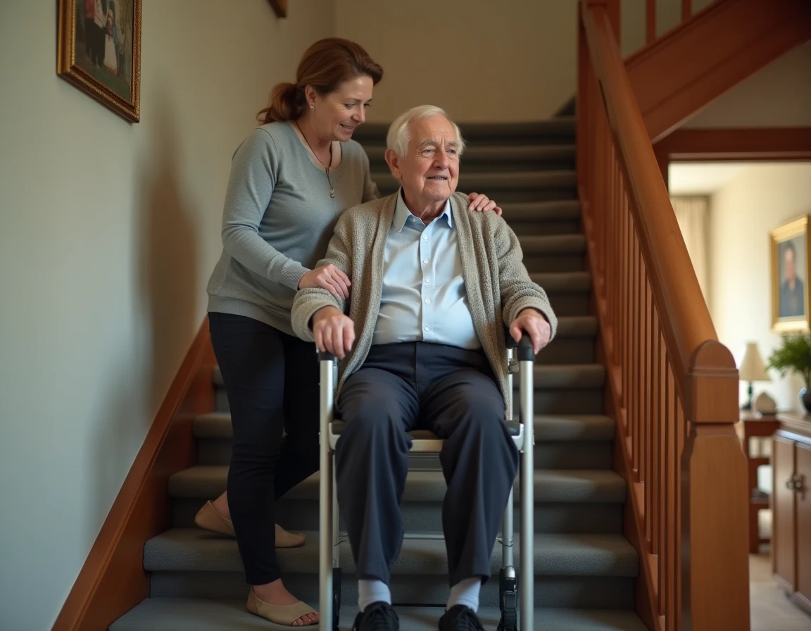 Aidante accompagnant un senior sur un monte-escalier portable dans une maison traditionnelle française