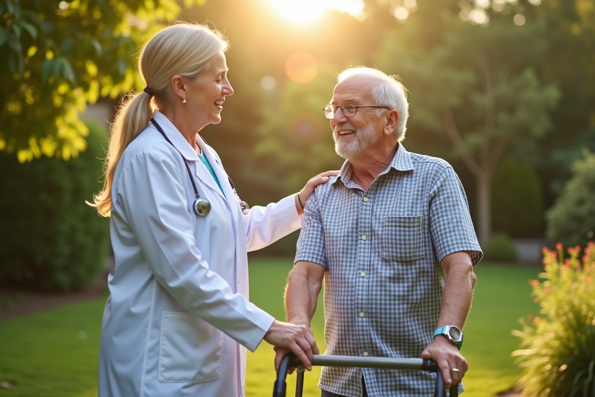 Aidant aidant un senior dans un jardin ensoleille
