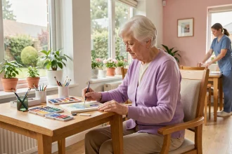 Résidente âgée participant à un atelier de peinture aquarelle dans une maison de retraite moderne avec vue sur le jardin