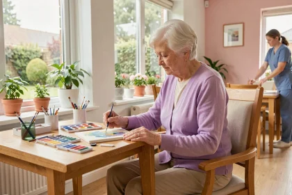 Résidente âgée participant à un atelier de peinture aquarelle dans une maison de retraite moderne avec vue sur le jardin