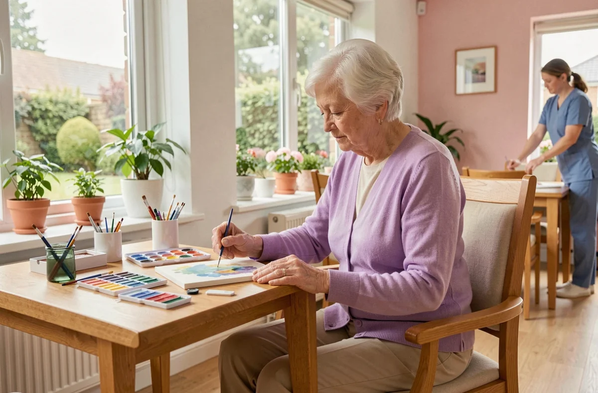 Résidente âgée participant à un atelier de peinture aquarelle dans une maison de retraite moderne avec vue sur le jardin