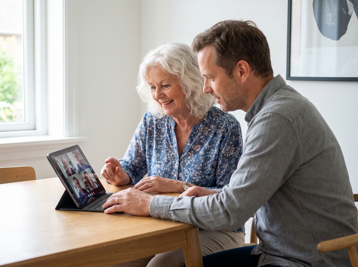 Une femme senior utilisant une tablette pour un appel vidéo en famille, aidée par un proche, symbolisant les nouvelles façons de garder le contact avec une perte auditive