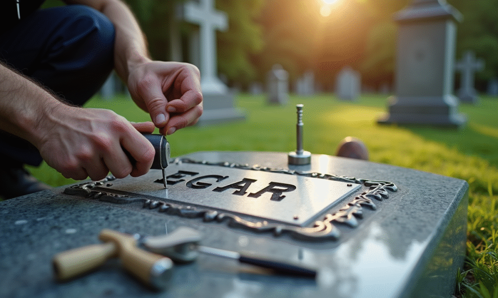 Mains d'un artisan fixant une plaque gravée sur une pierre tombale