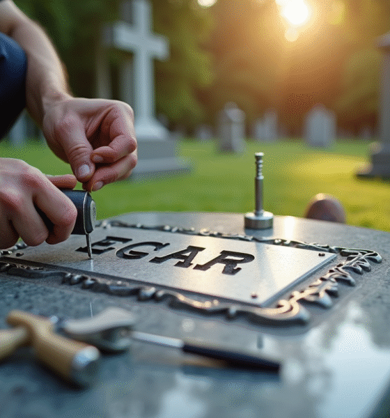 Mains d'un artisan fixant une plaque gravée sur une pierre tombale