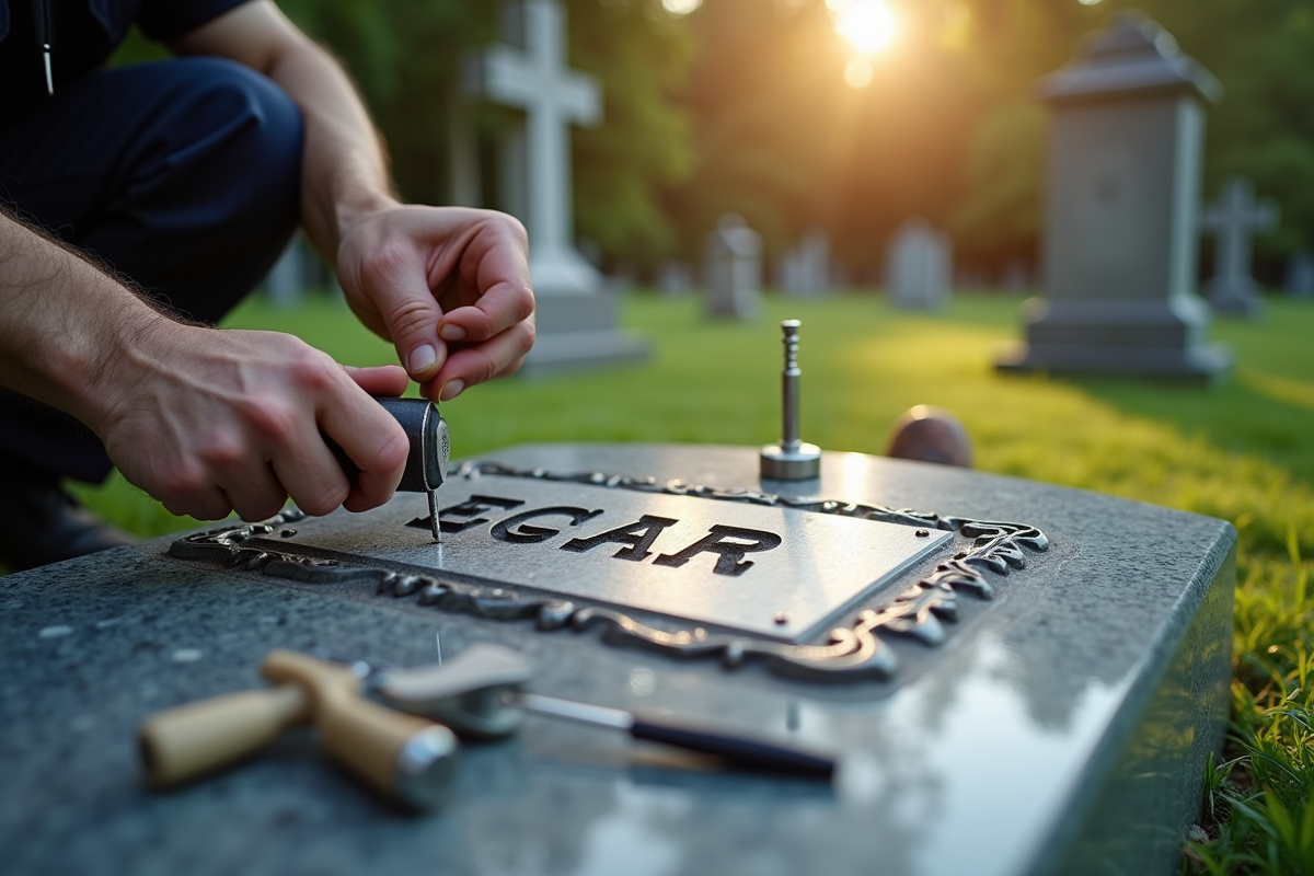 Mains d'un artisan fixant une plaque gravée sur une pierre tombale