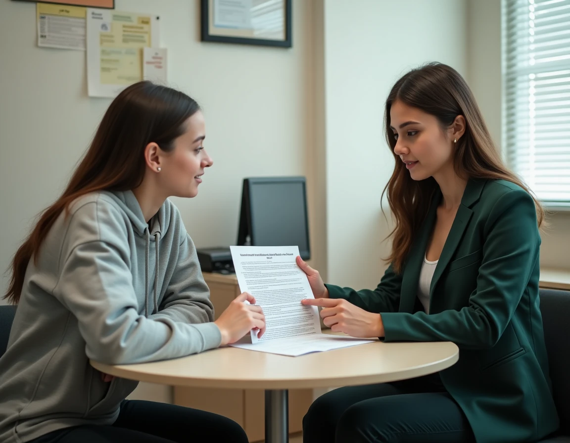Travailleuse sociale et bénéficiaire AAH examinant ensemble les dates clés de versement 2026