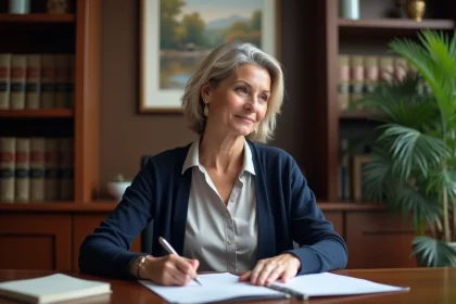 Femme avocate signant des documents dans son bureau