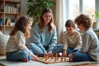 Baby-sitter de confiance jouant à un jeu de société avec des enfants dans un salon familial chaleureux