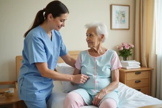 Aide-soignante aidant une personne âgée à enfiler un babygros adulte adapté en EHPAD