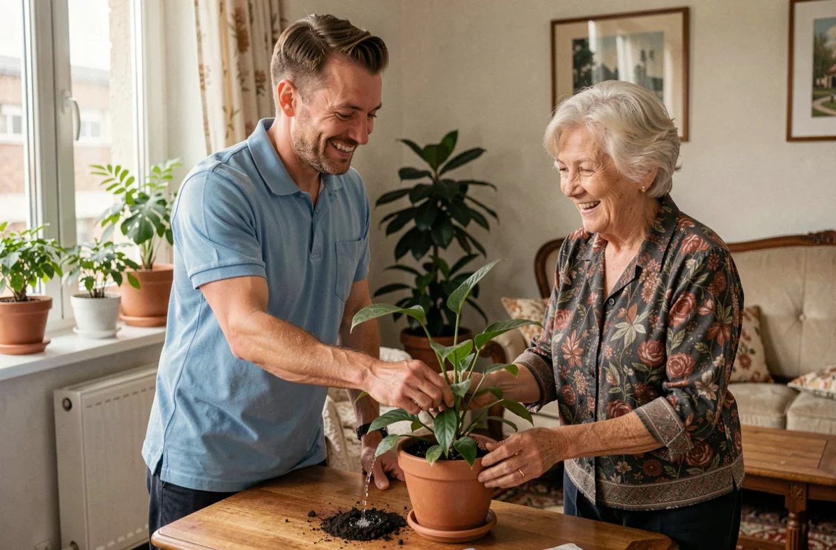 Intervenant Bien à la Maison aidant une personne âgée à entretenir ses plantes dans son appartement en Seine-Saint-Denis