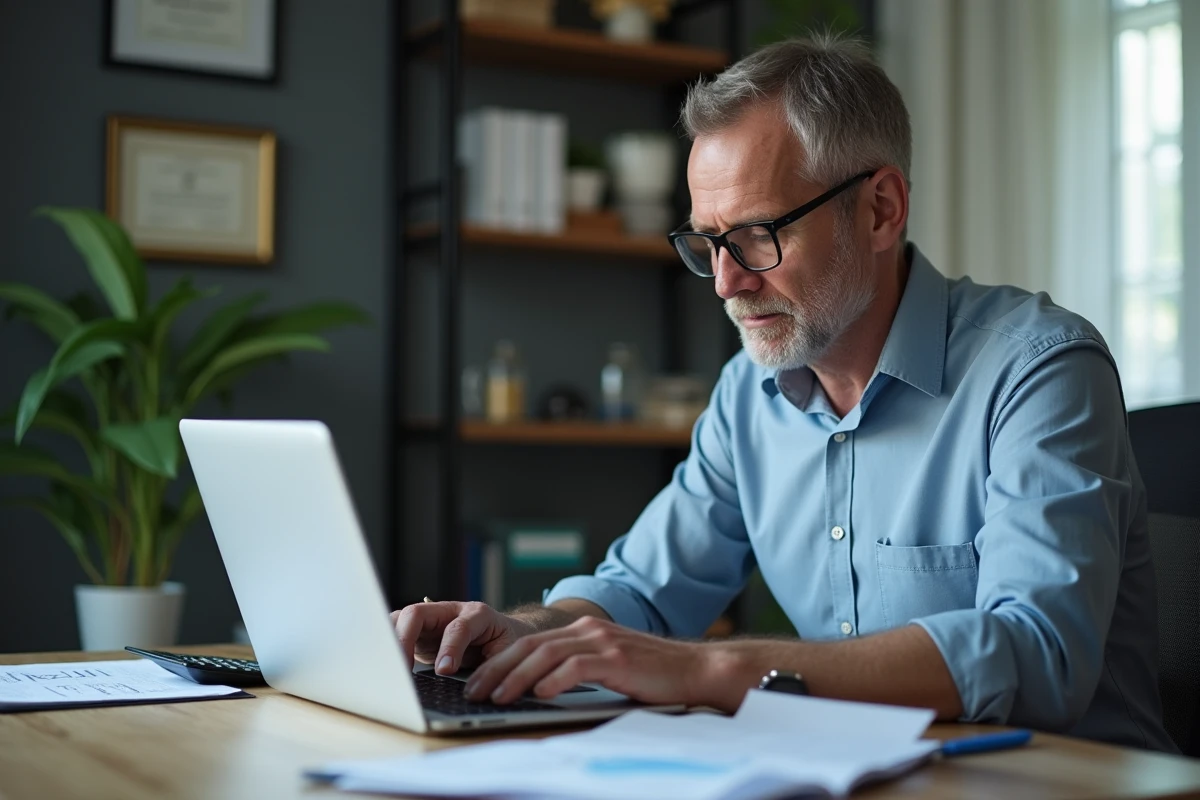 Homme calculant la part de financement d'une maison de retraite pour un parent âgé