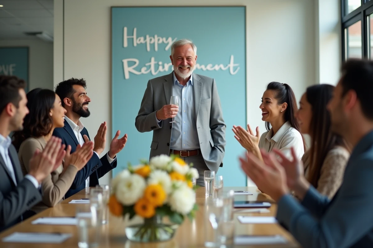 Collègues applaudissant lors d'une fête de départ en retraite autour d'une table décorée en bureau moderne
