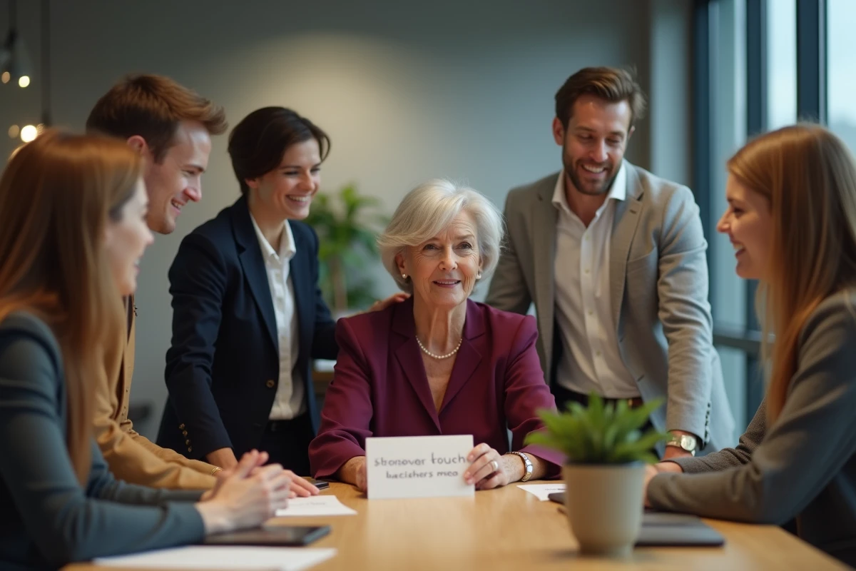 Collègues de travail entourant une employée qui part à la retraite dans un bureau en open space contemporain