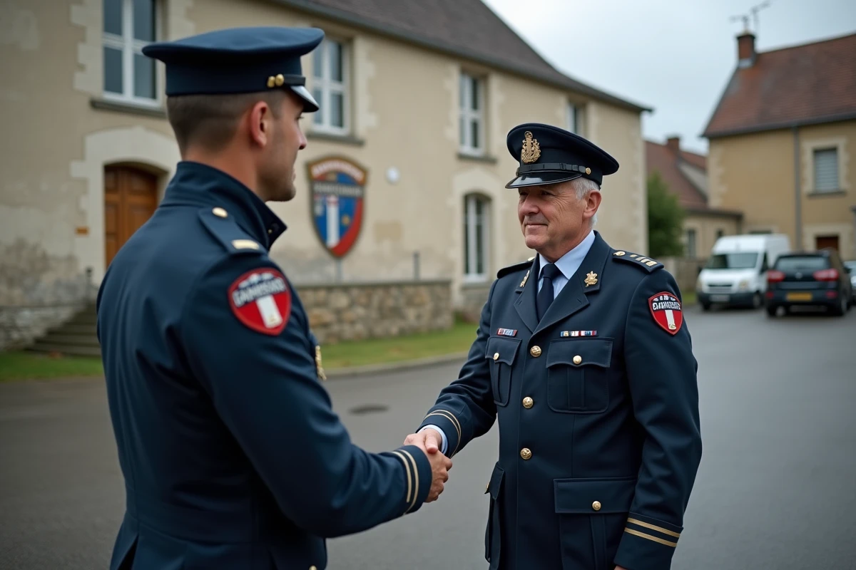 Cérémonie de départ à la retraite d'un gendarme après 30 ans de service devant une caserne
