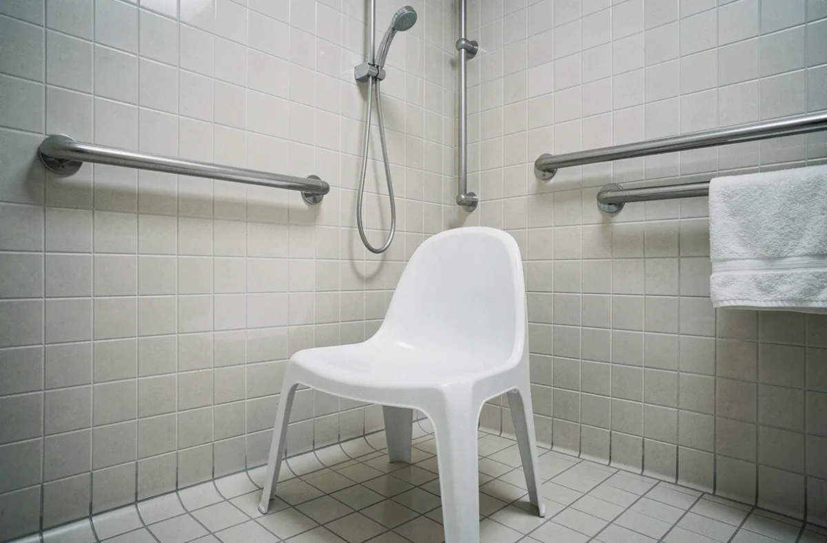 Chaise de douche médicale dans une salle de bain adaptée pour personnes à mobilité réduite