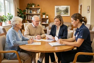 Groupe intergénérationnel co-construisant la charte de la personne âgée autour d'une table dans un EHPAD