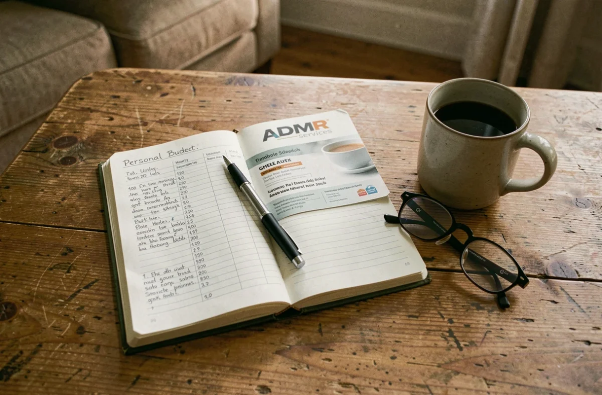 Documents budgétaires et brochure ADMR avec tarifs horaires posés sur une table pour comparer le coût des services à domicile