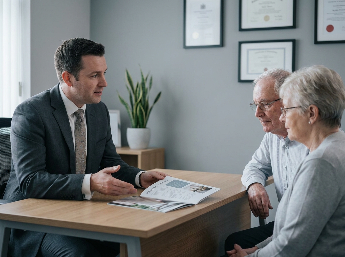 Conseiller funéraire expliquant les options de contrats obsèques à un couple de seniors dans un bureau professionnel
