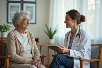 Une femme âgée en consultation gériatrique avec une médecin spécialisée dans la prise en charge de la sénilité en France
