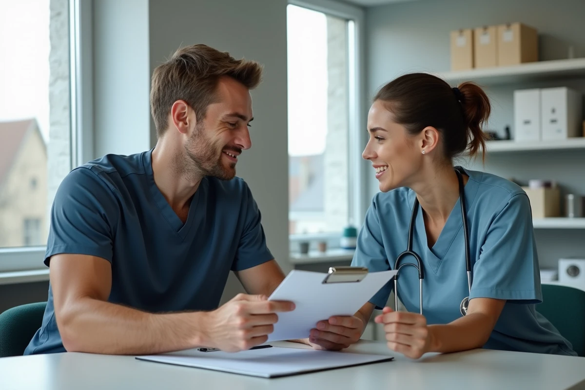 Jeune homme en consultation avec physiotherapeute dans un bureau lumineux