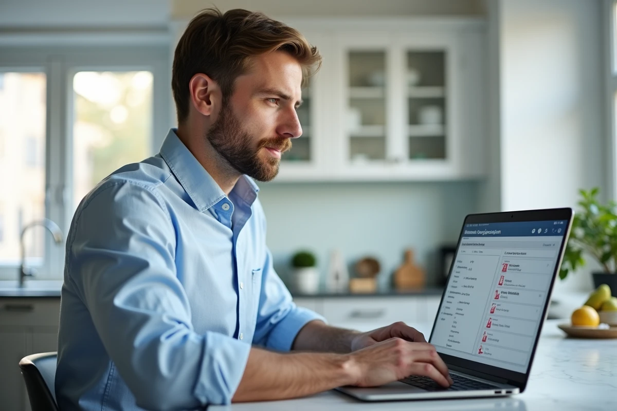 Homme concentré corrigeant des erreurs de paramétrage dans un dossier sur une plateforme de gestion locative depuis son domicile