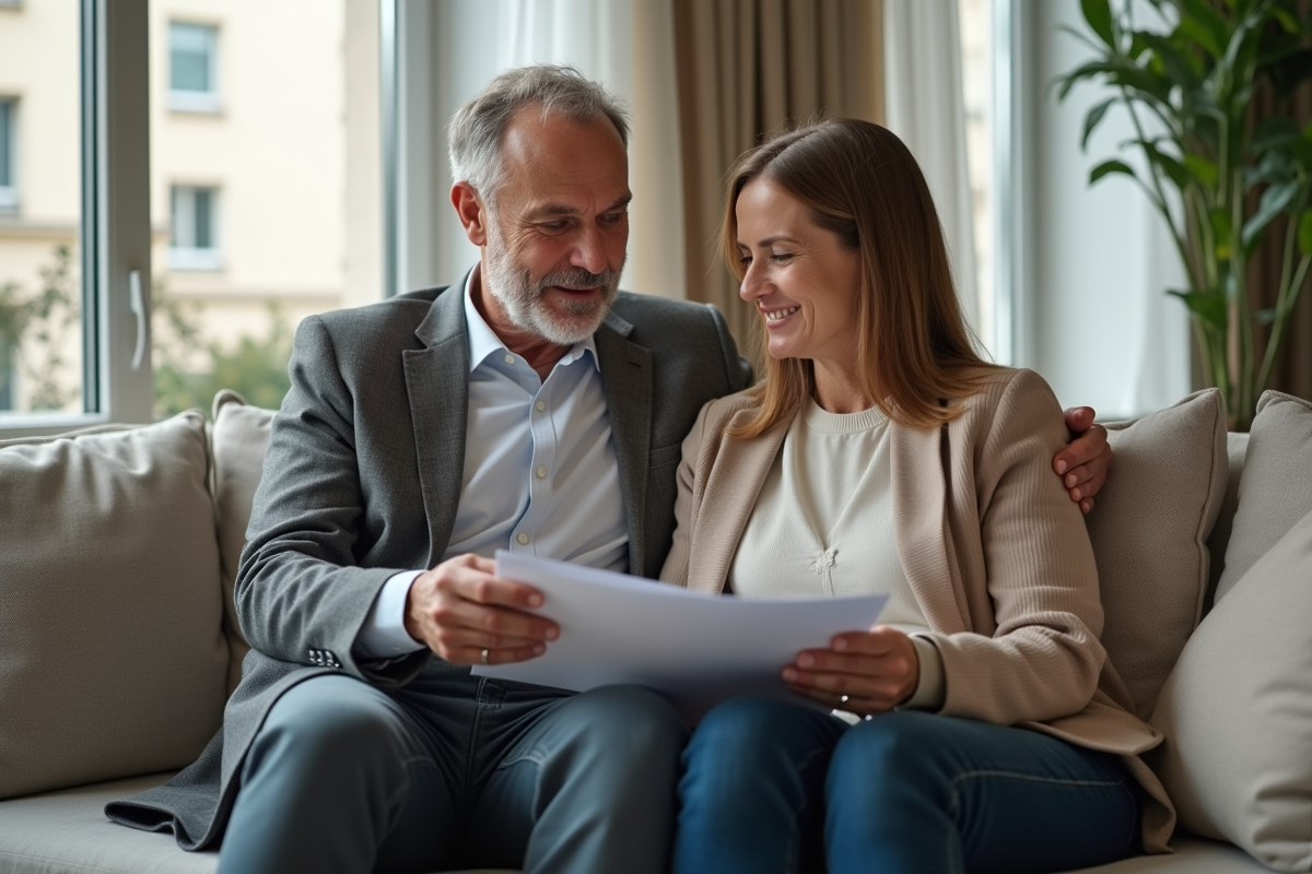 Couple discutant d un testament dans un salon moderne