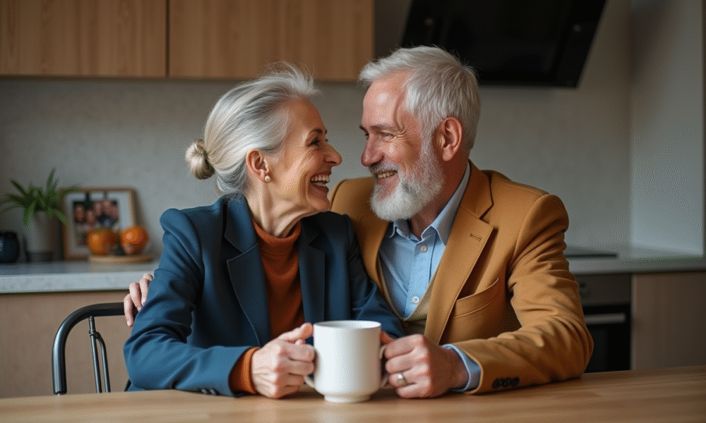 Couple d'âge moyen souriant dans une cuisine moderne