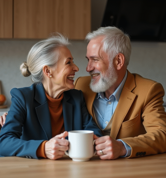 Couple d'âge moyen souriant dans une cuisine moderne