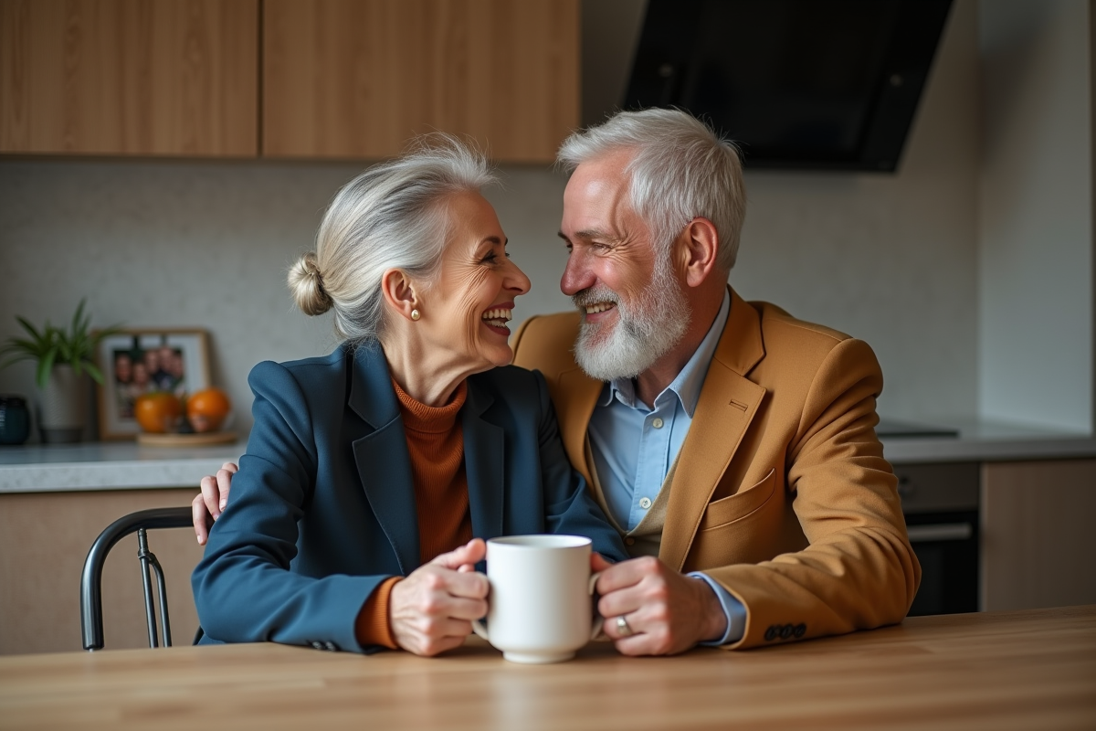 Couple d'âge moyen souriant dans une cuisine moderne