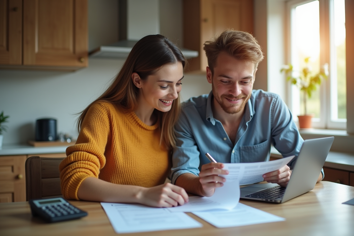 Jeune couple planifiant leurs finances à la maison