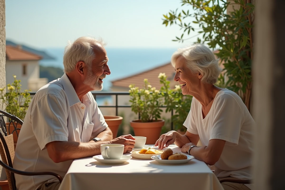 Couple âgé partageant un petit déjeuner en balcon