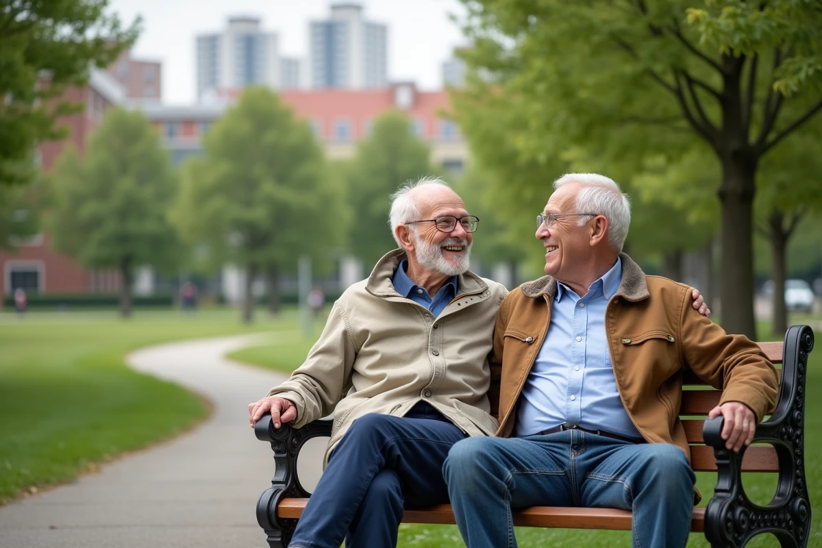 Couple retraité dans un parc verdoyant en discussion
