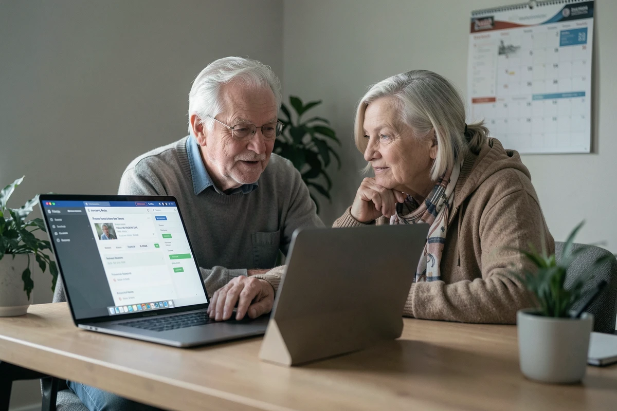 Couple de retraités du privé vérifiant leur revalorisation de pension Agirc-Arrco sur ordinateur