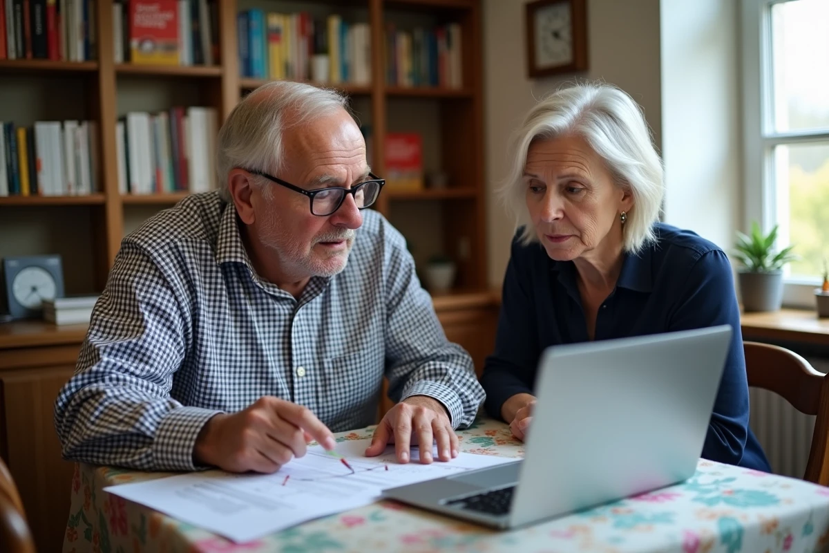 Couple de retraités consultant le portail gouvernemental des retraites pour comprendre la revalorisation et la baisse de pension en janvier 2026