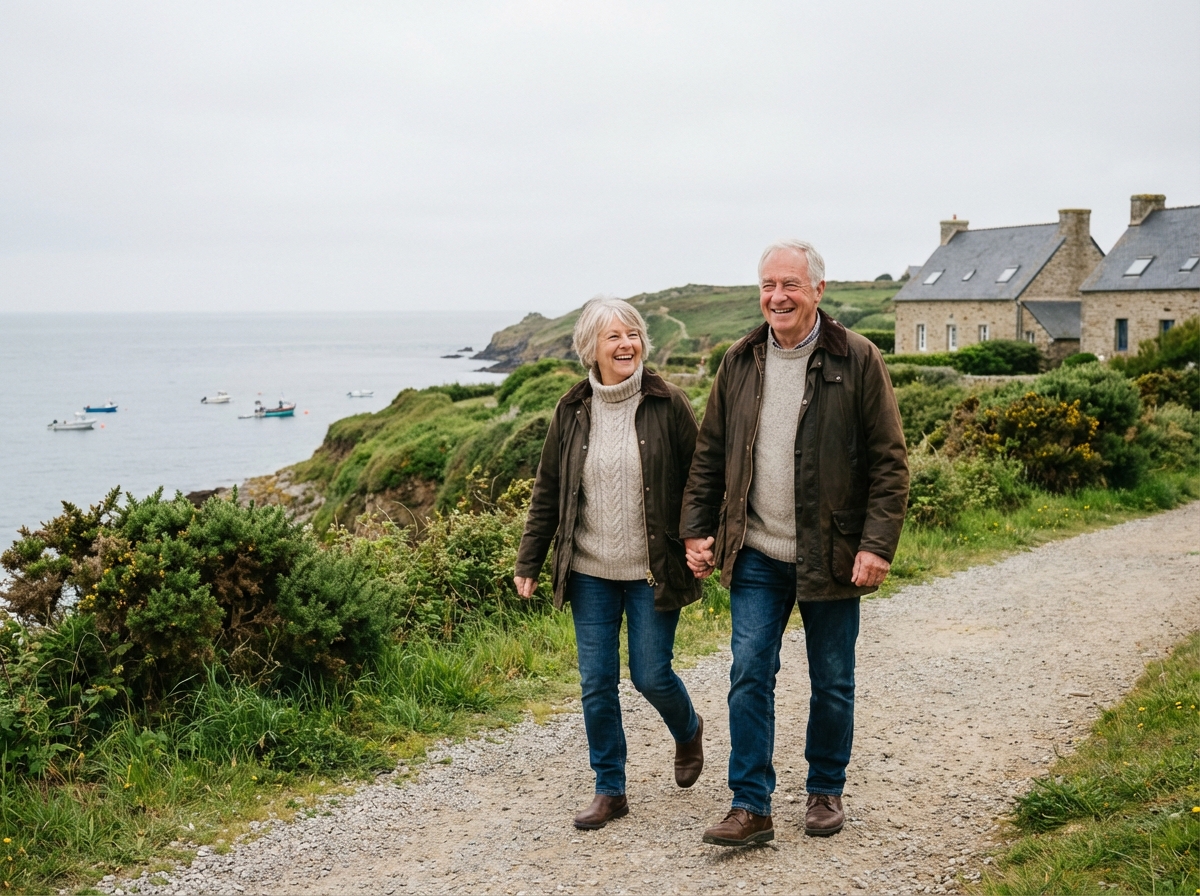 Couple retraité souriant se promenant en bord de mer en Morbihan