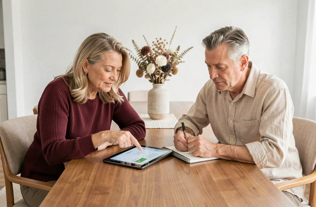 Couple de retraités consultant ensemble leur relevé de points Agirc-Arrco sur tablette