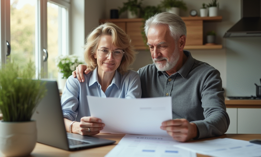 Couple en cuisine examinant des documents de retraite