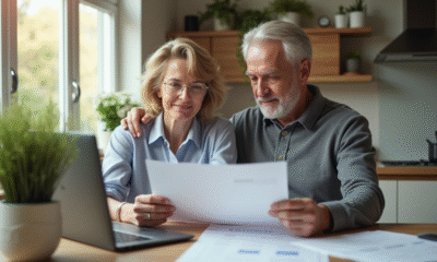 Couple en cuisine examinant des documents de retraite