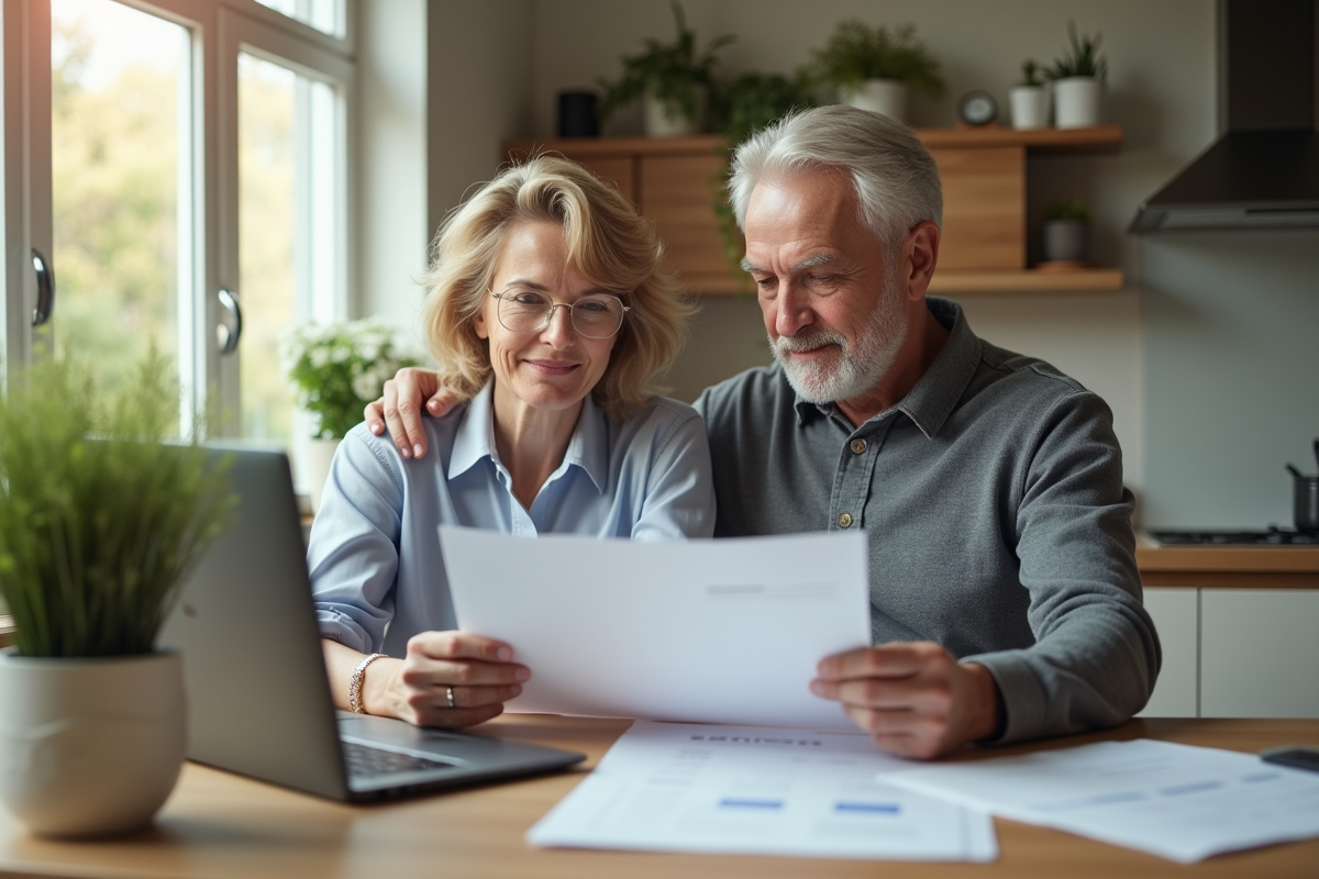 Couple en cuisine examinant des documents de retraite