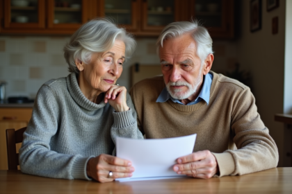 Couple senior lisant une lettre dans la cuisine chaleureuse