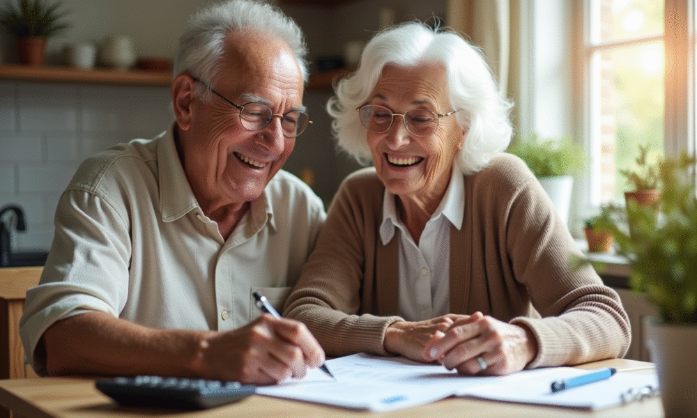 Couple senior souriant examinant des documents financiers