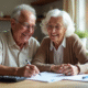 Couple senior souriant examinant des documents financiers