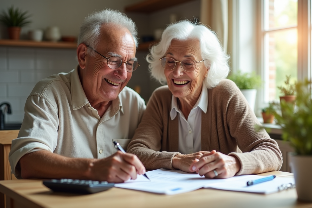 Couple senior souriant examinant des documents financiers