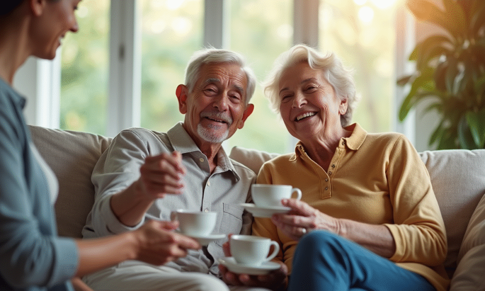 Couple senior souriant dans un salon lumineux