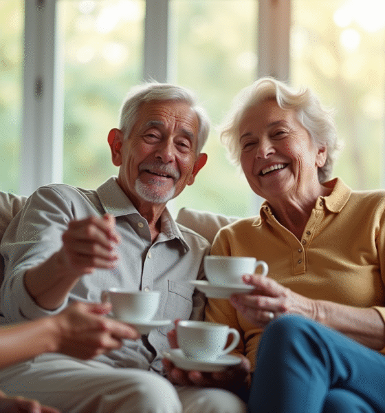 Couple senior souriant dans un salon lumineux