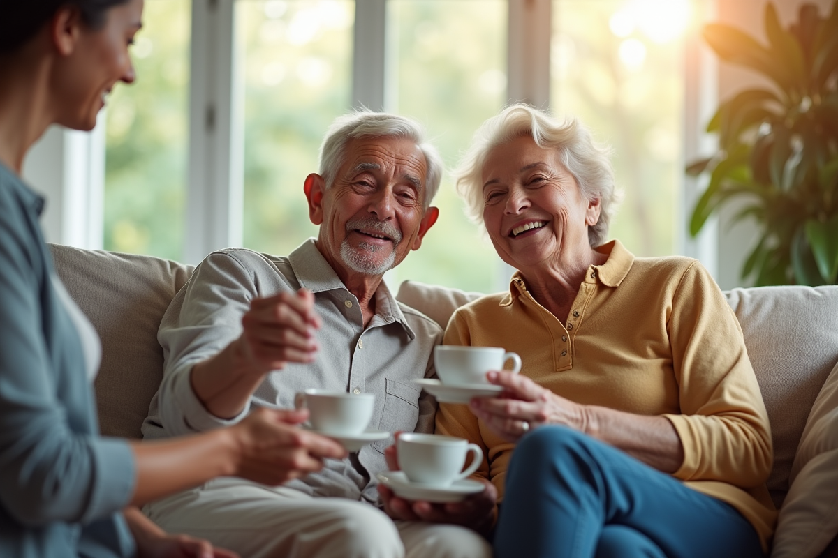 Couple senior souriant dans un salon lumineux