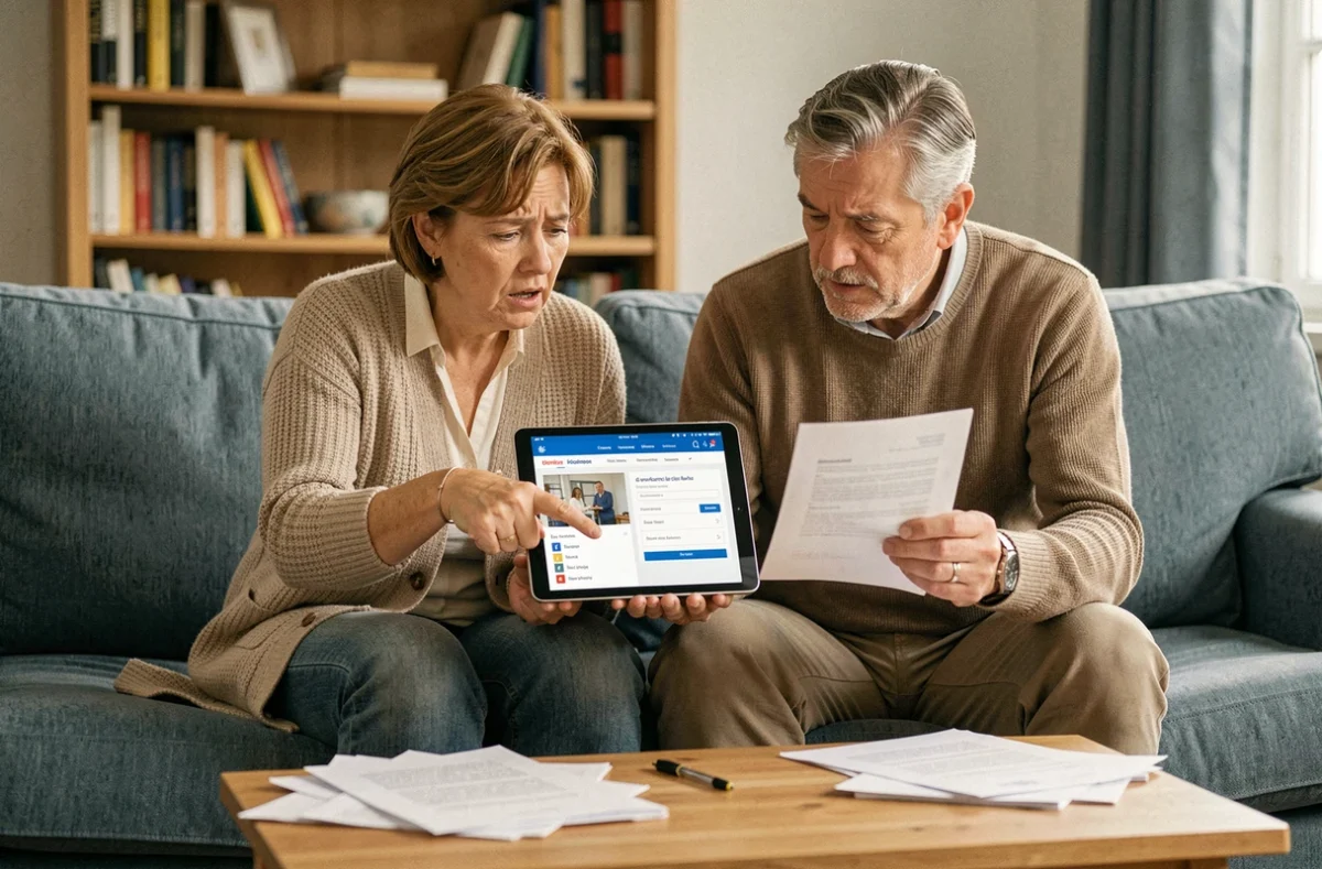 Un couple de tuteurs familiaux consultant ensemble Mon Proxima sur une tablette dans leur salon, comparant documents papier et formulaire en ligne